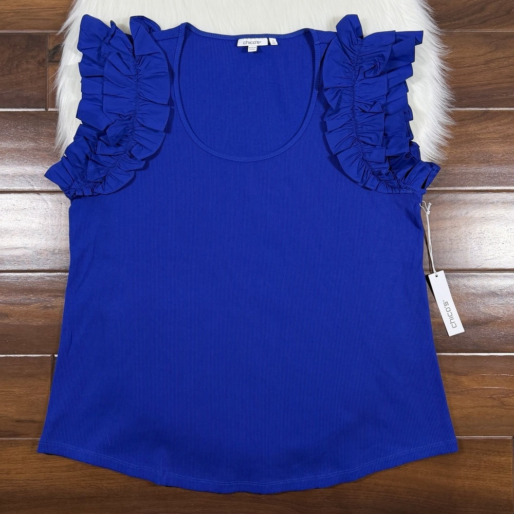 Chico's Women's Size 4 / XXL Blue Ribbed Poplin Sleeveless Ruffle Tank Top Shirt